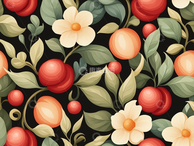 高清大图下载【趣麦麦图】秋日果实与花卉图案背景