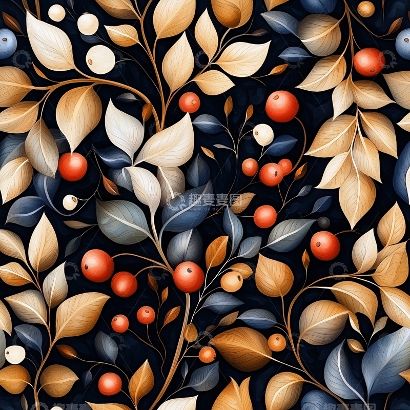 高清大图下载【趣麦麦图】秋日果实与叶子图案背景