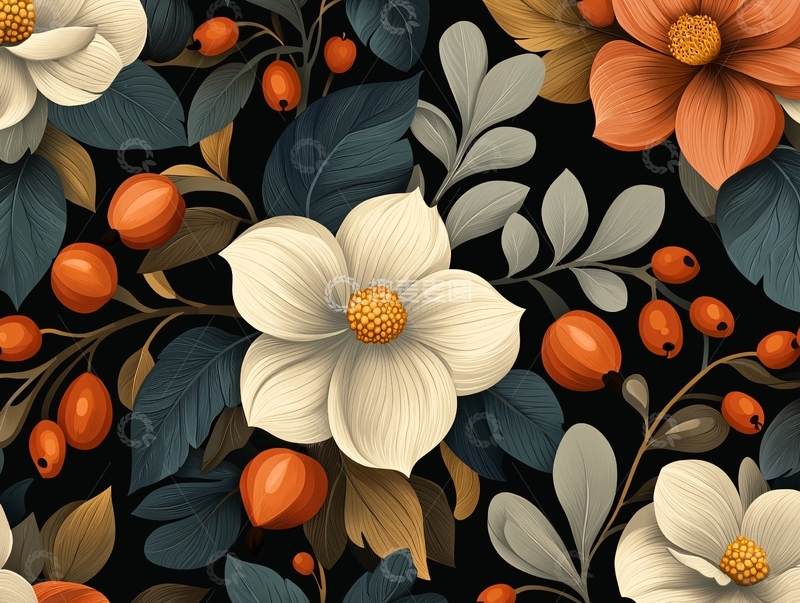 高清大图下载【趣麦麦图】秋日花卉与果实图案背景