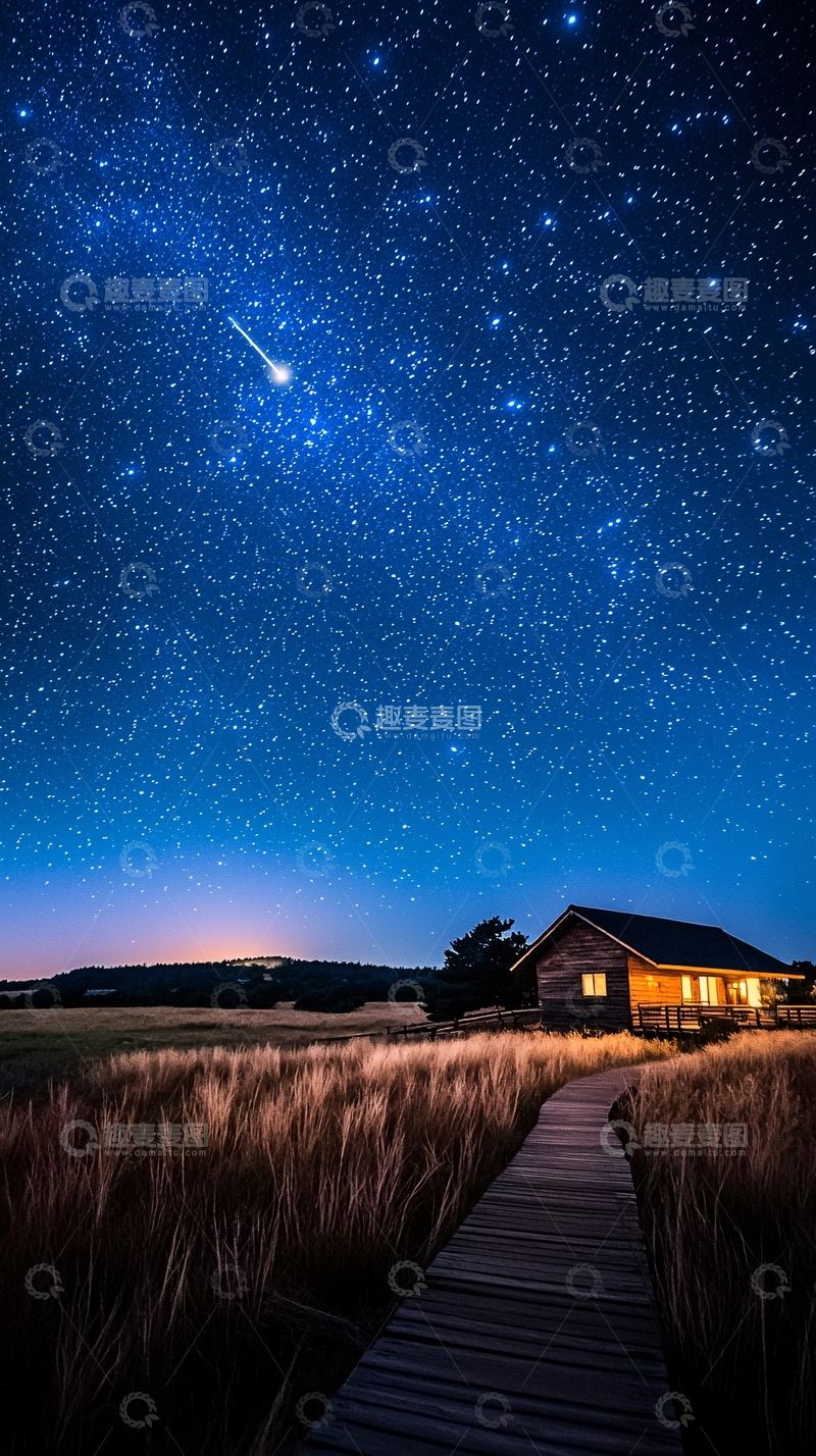 高清大图下载【趣麦麦图】夜空下的小屋与流星