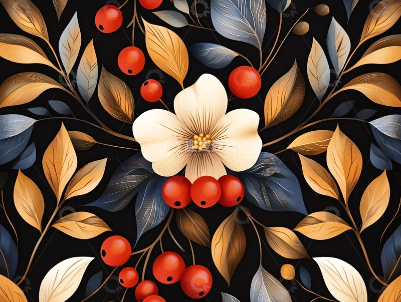 高清大图下载【趣麦麦图】秋日果实与花卉图案背景