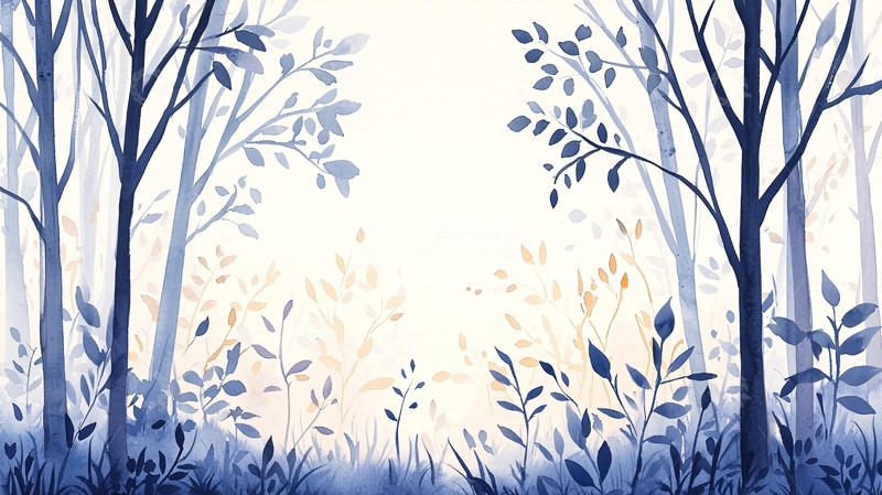 高清大图下载【趣麦麦图】蓝色森林水彩画背景