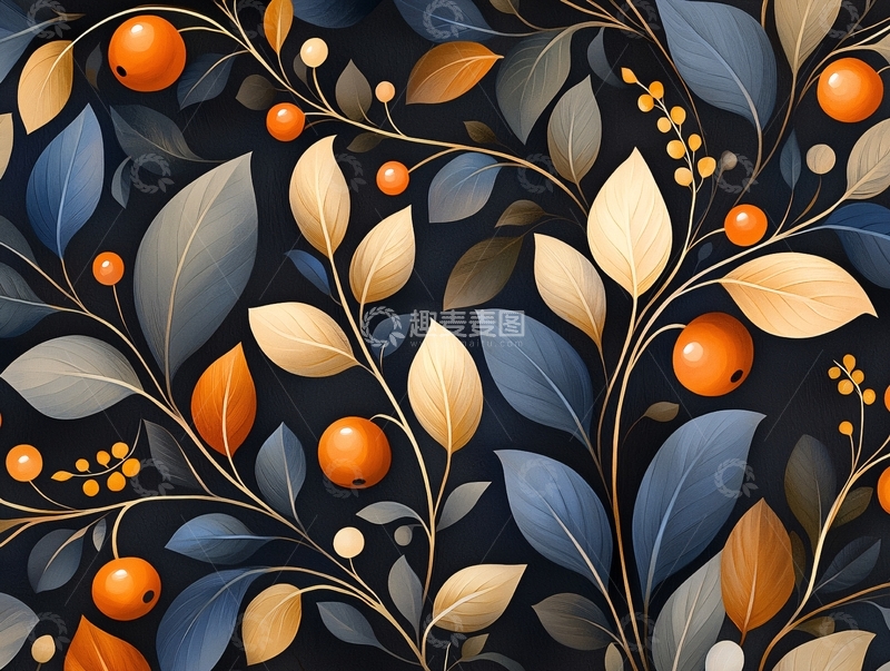 高清大图下载【趣麦麦图】秋日果实与叶子图案背景