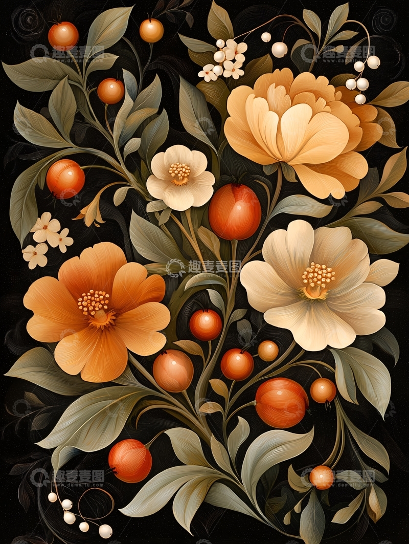 高清大图下载【趣麦麦图】-橙色花卉与果实的艺术插画