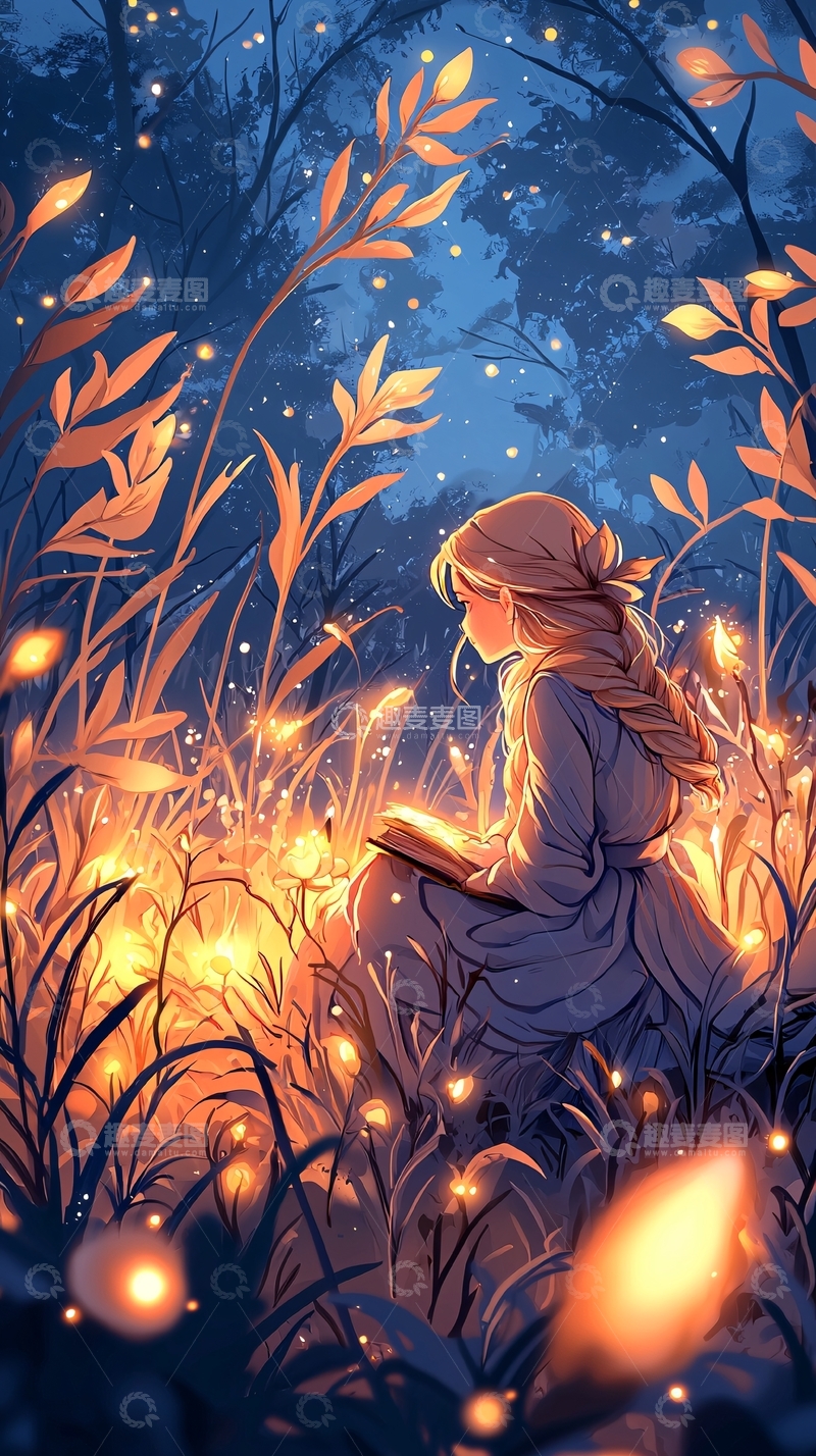 高清大图下载【趣麦麦图】夜晚森林中的读书女孩
