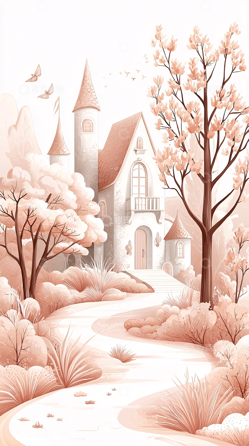 高清大图下载【趣麦麦图】梦幻城堡花园风景插画