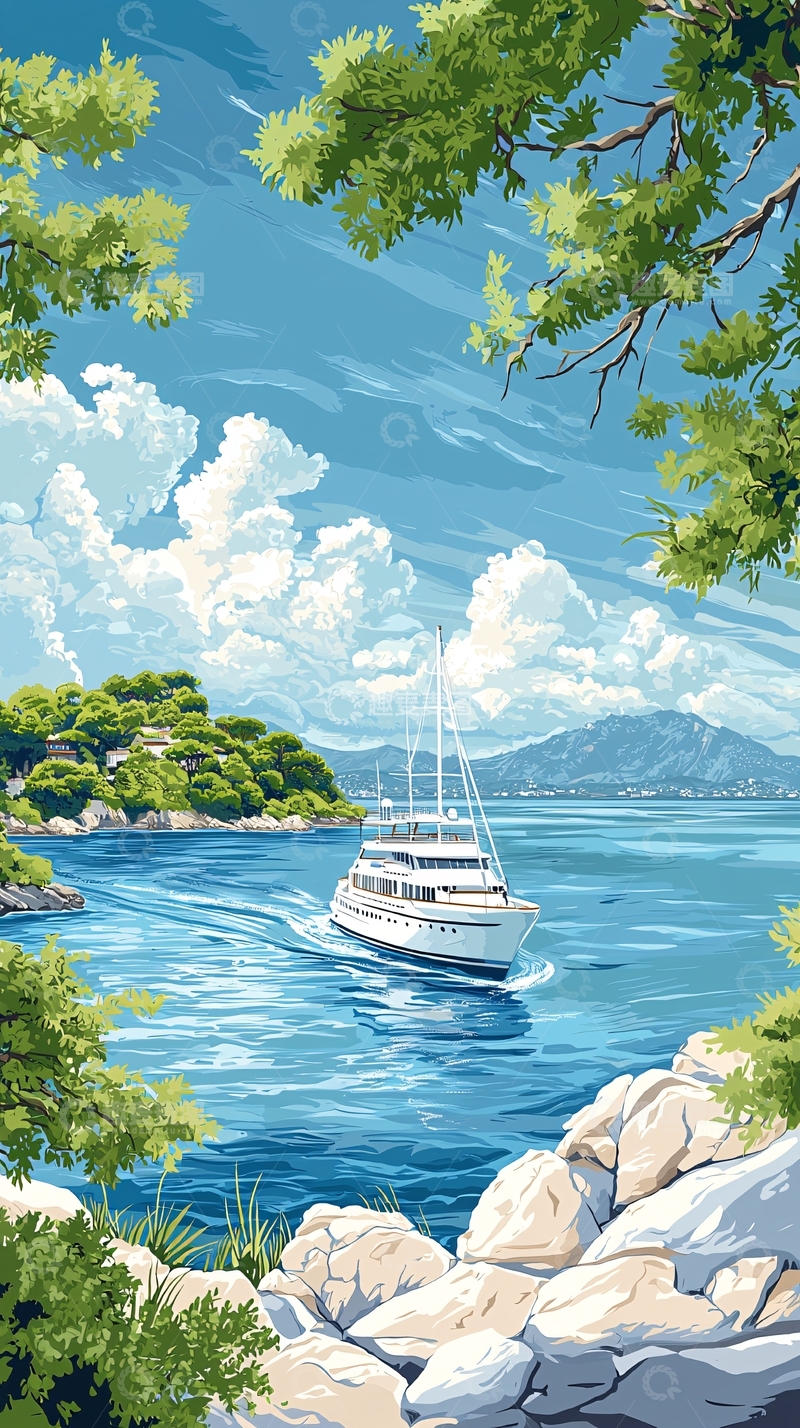 高清大图下载【趣麦麦图】游艇停泊在宁静海湾