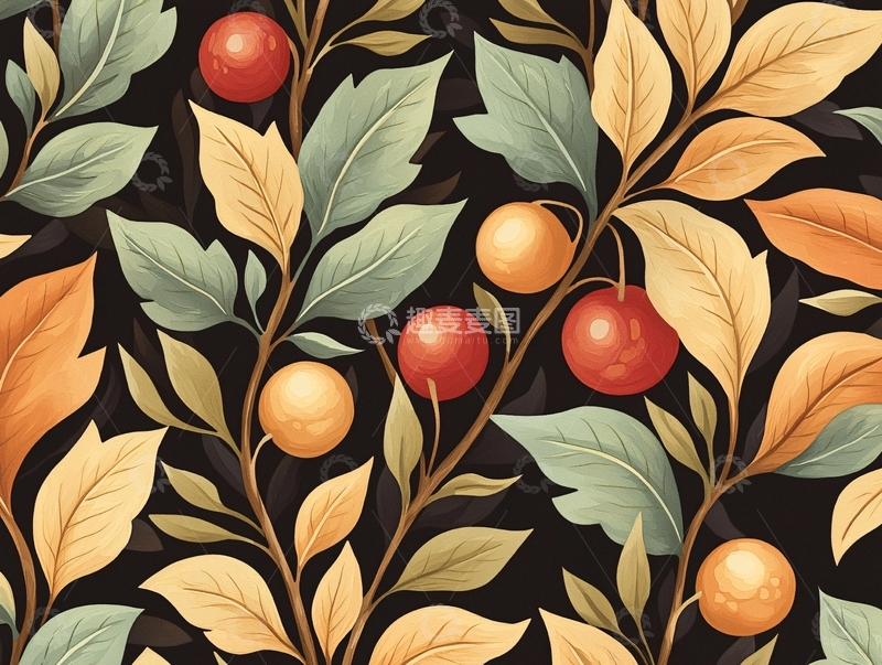 高清大图下载【趣麦麦图】秋日果实与叶子图案背景