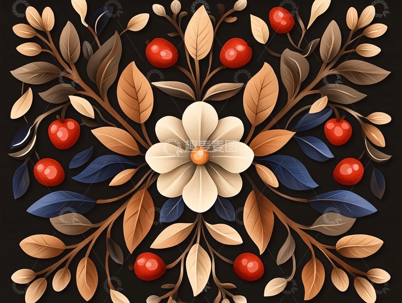 高清大图下载【趣麦麦图】秋日果实与花朵装饰图案