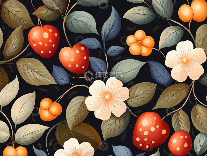 高清大图下载【趣麦麦图】秋日果实与花卉图案背景