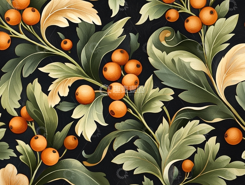 高清大图下载【趣麦麦图】橙色果实与绿色叶子的花卉图案