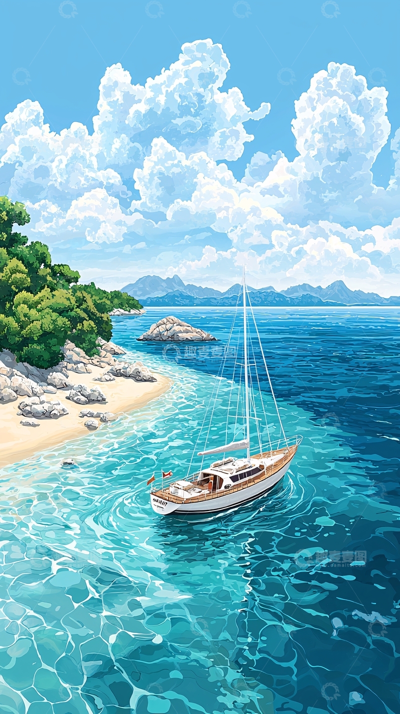 高清大图下载【趣麦麦图】帆船停泊在清澈海滩旁