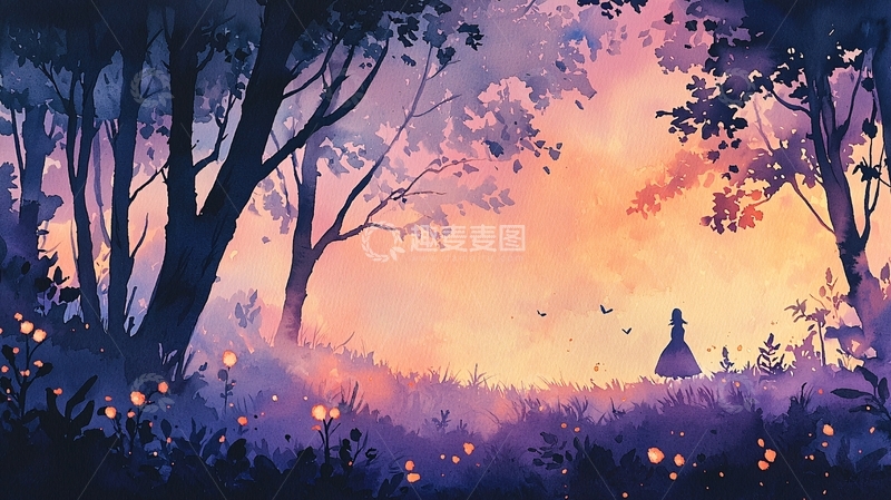 高清大图下载【趣麦麦图】秋日森林中的女孩剪影