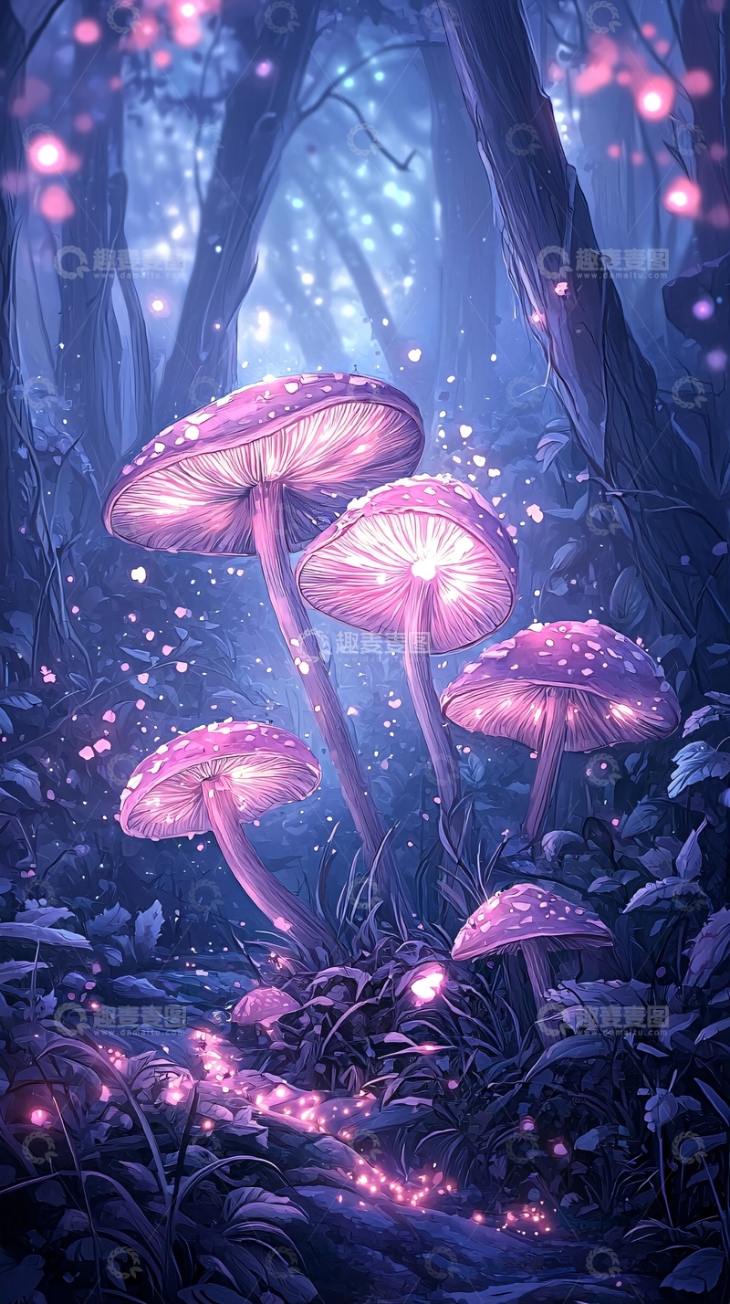 高清大图下载【趣麦麦图】梦幻森林中的发光蘑菇