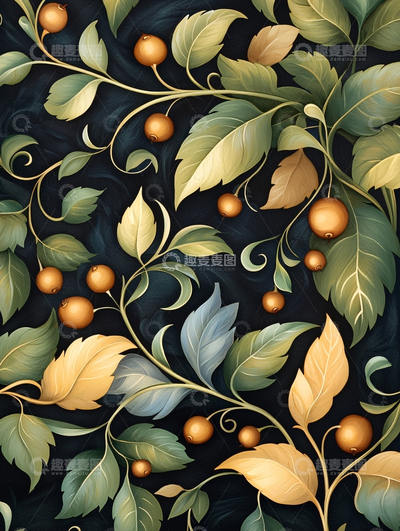 高清大图下载【趣麦麦图】秋日果实与绿叶装饰图案