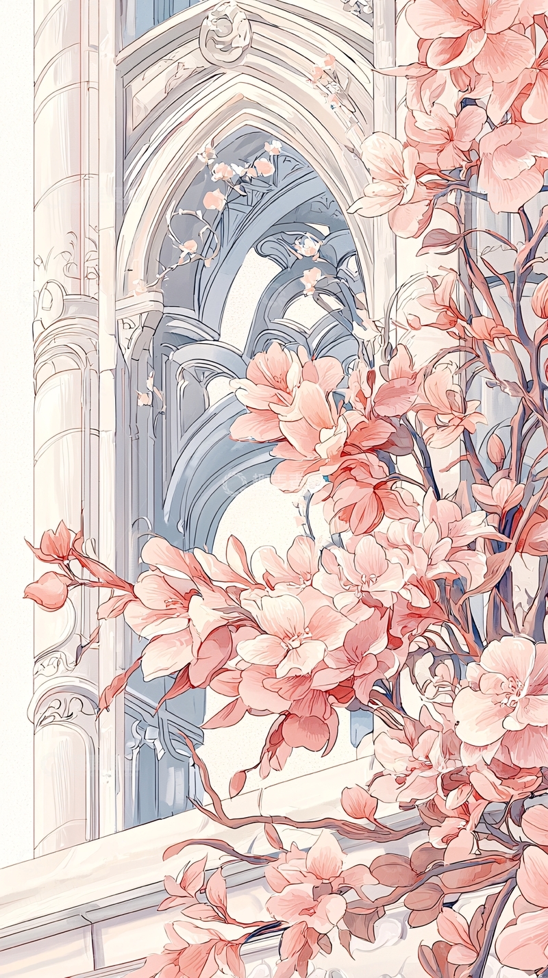 高清大图下载【趣麦麦图】粉色花朵与哥特式建筑