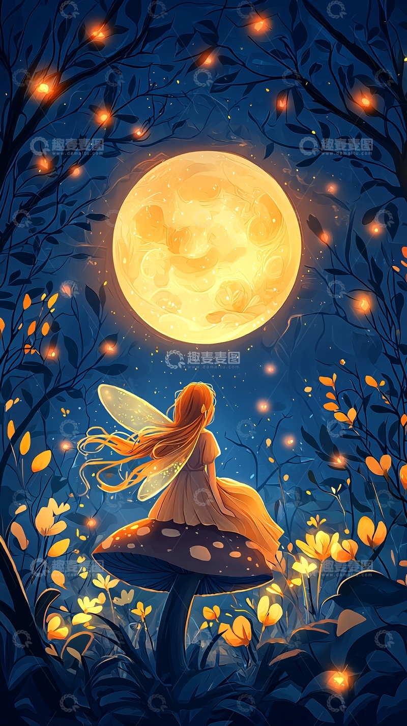 高清大图下载【趣麦麦图】月光下的精灵与蘑菇