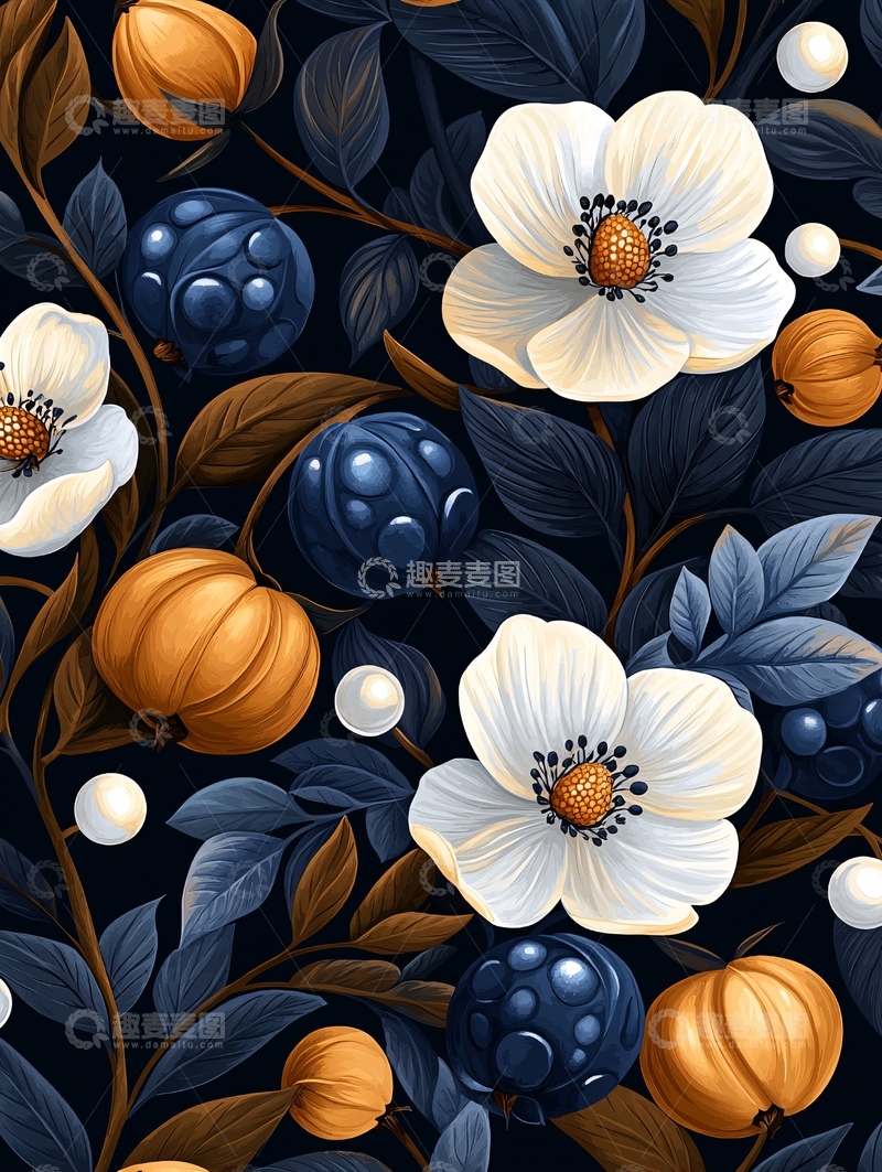 高清大图下载【趣麦麦图】深色背景下的花卉与果实图案