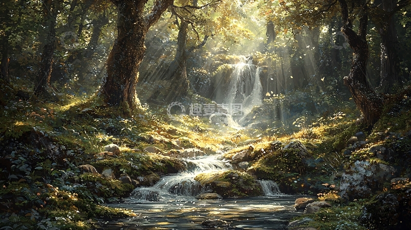 高清大图下载【趣麦麦图】森林中的瀑布阳光照射