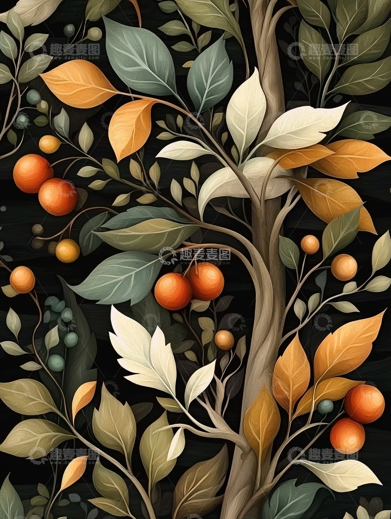 高清大图下载【趣麦麦图】秋日果实与树叶的艺术插画