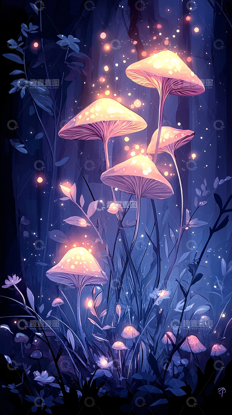 高清大图下载【趣麦麦图】梦幻森林中的发光蘑菇