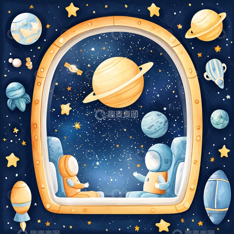高清大图下载【趣麦麦图】太空舱内的宇航员与行星
