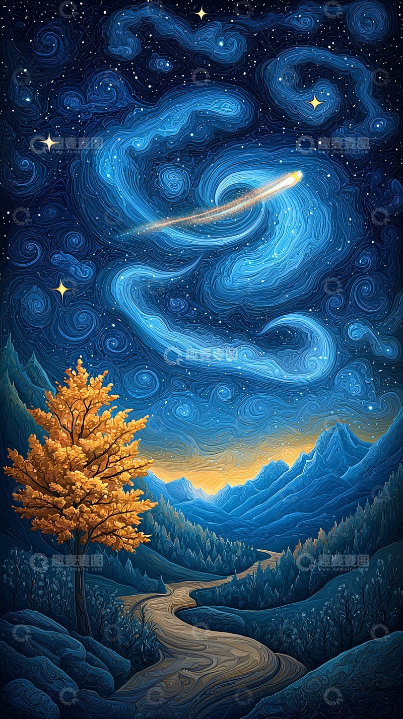 高清大图下载【趣麦麦图】秋夜流星山河图