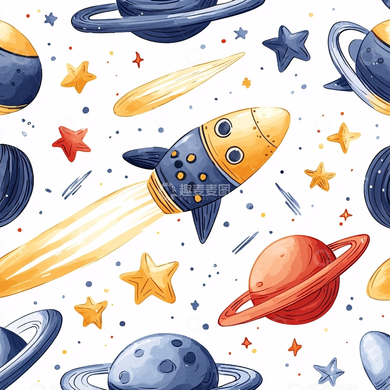 高清大图下载【趣麦麦图】太空火箭与行星插画背景