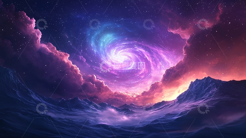 高清大图下载【趣麦麦图】梦幻星云与山脉的奇幻景象