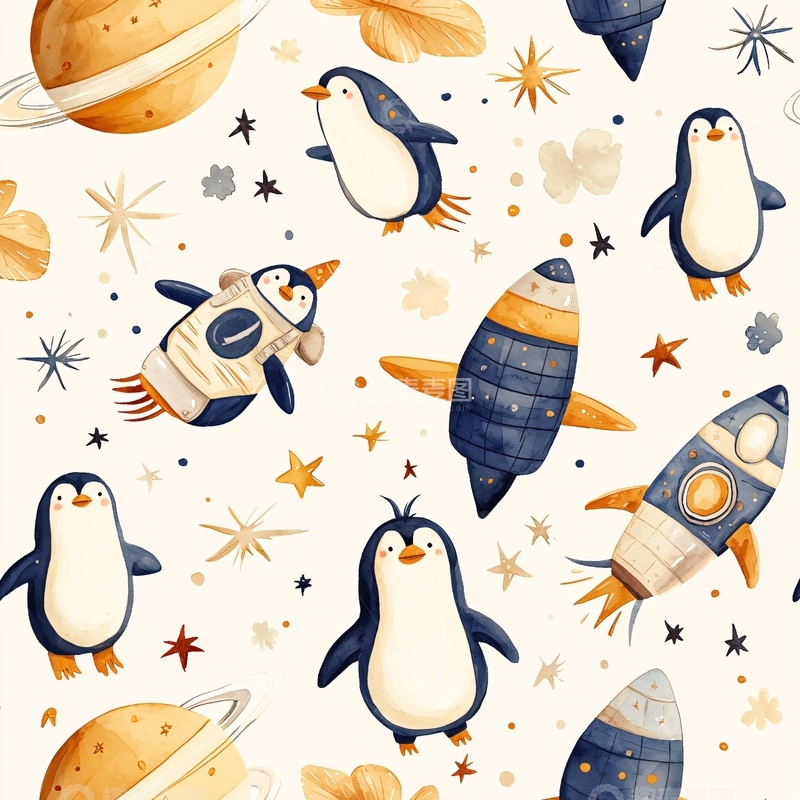 高清大图下载【趣麦麦图】企鹅太空冒险插画背景