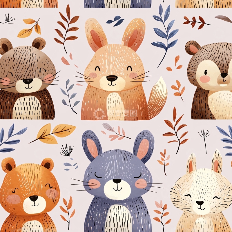 高清大图下载【趣麦麦图】森林小动物卡通图案背景