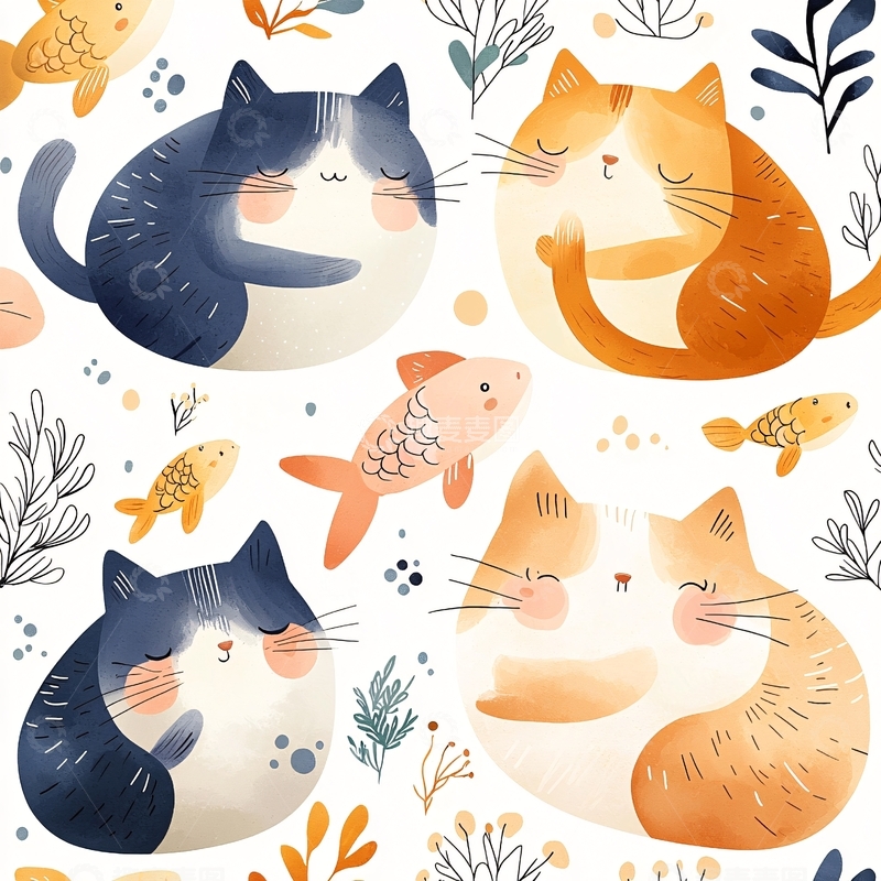 高清大图下载【趣麦麦图】猫咪与鱼的温馨插画
