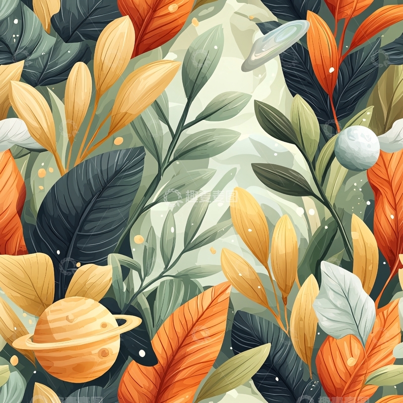 高清大图下载【趣麦麦图】梦幻星球与植物交织的插画背景