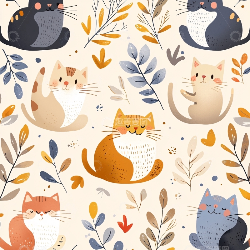 高清大图下载【趣麦麦图】猫咪与植物插画背景图案