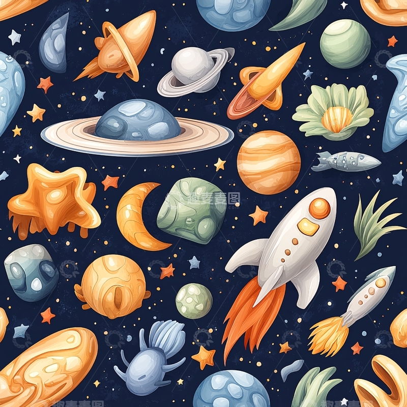 高清大图下载【趣麦麦图】太空星球与火箭插画背景
