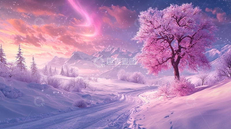 高清大图下载【趣麦麦图】梦幻雪景下的粉红色树