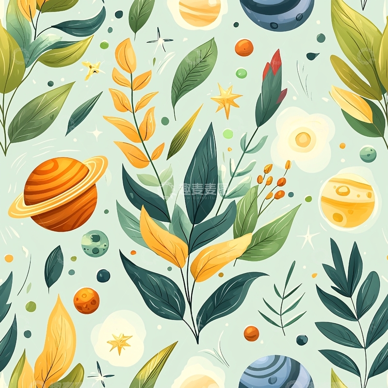 高清大图下载【趣麦麦图】植物与星球梦幻插画背景