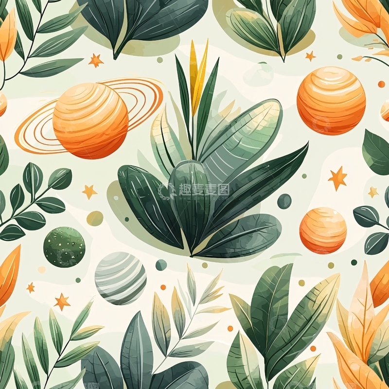高清大图下载【趣麦麦图】植物与星球主题无缝图案