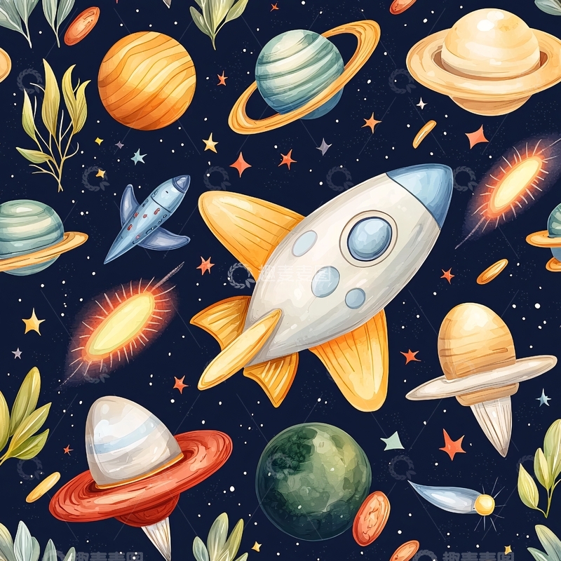 高清大图下载【趣麦麦图】太空火箭与行星插画背景