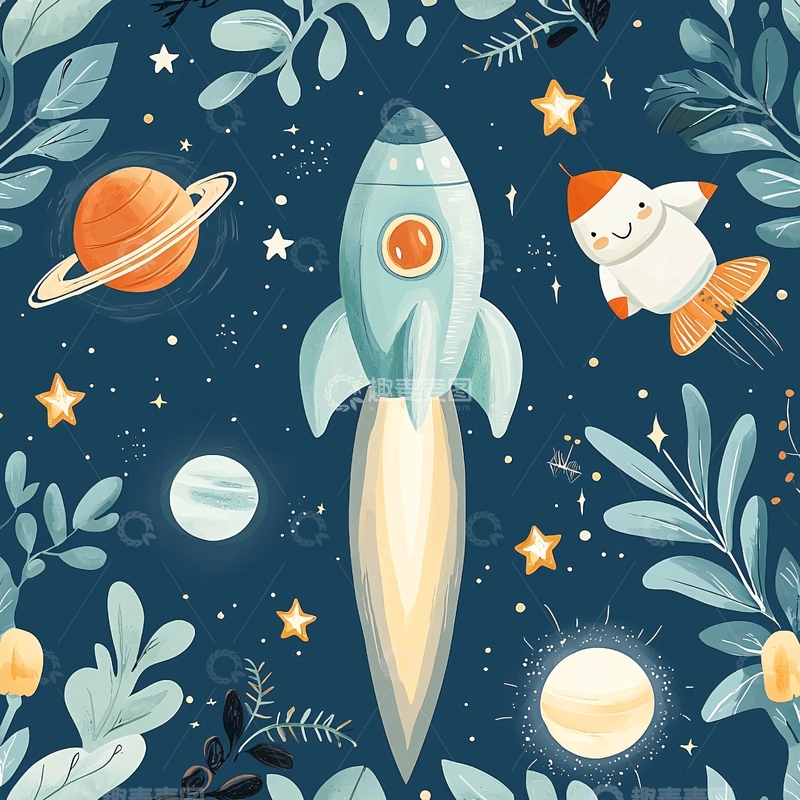高清大图下载【趣麦麦图】太空火箭与星球插画
