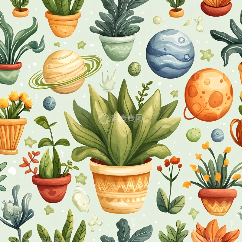 高清大图下载【趣麦麦图】植物与星球主题无缝图案
