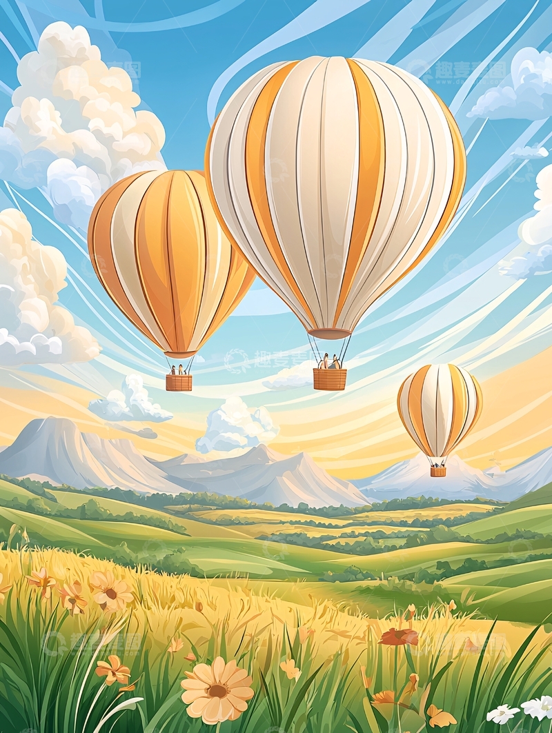 高清大图下载【趣麦麦图】热气球飞行在田野上空