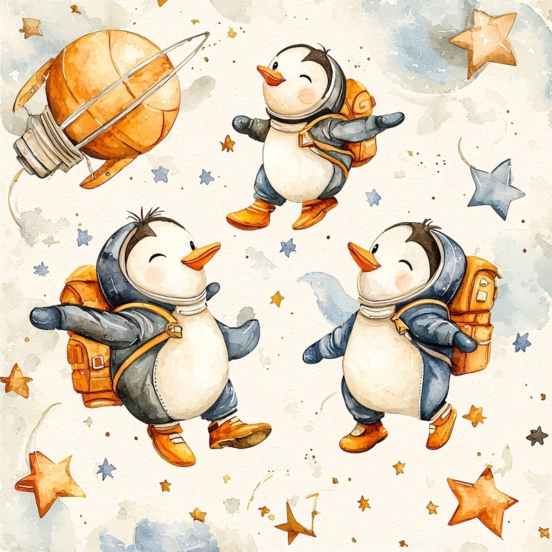高清大图下载【趣麦麦图】太空企鹅探险插画