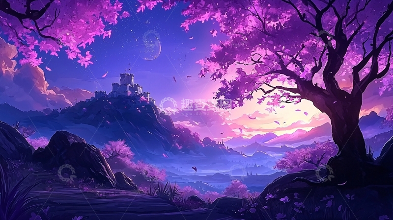 高清大图下载【趣麦麦图】梦幻紫罗兰城堡夜景