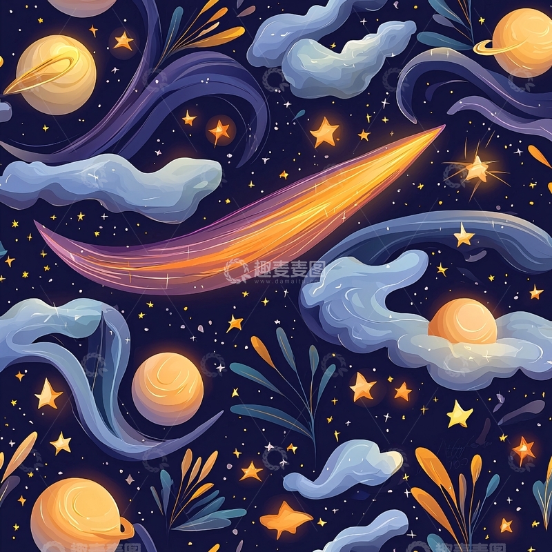 高清大图下载【趣麦麦图】梦幻星空与流星雨插画