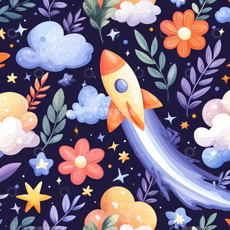 高清大图下载【趣麦麦图】火箭与花朵的梦幻星空