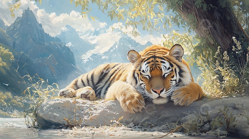 高清大图下载【趣麦麦图】山间休憩的老虎