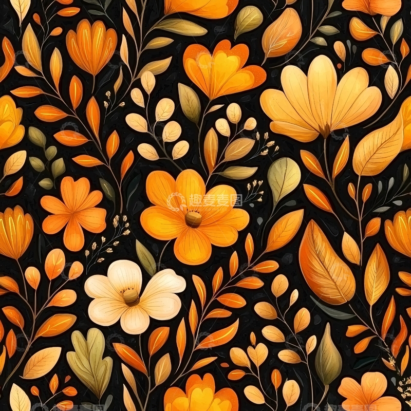 高清大图下载【趣麦麦图】秋日橙黄花卉图案背景