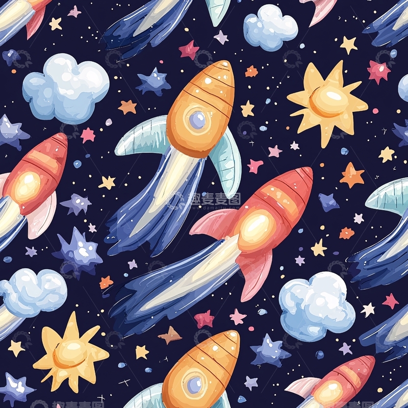 高清大图下载【趣麦麦图】太空火箭与星星背景图案