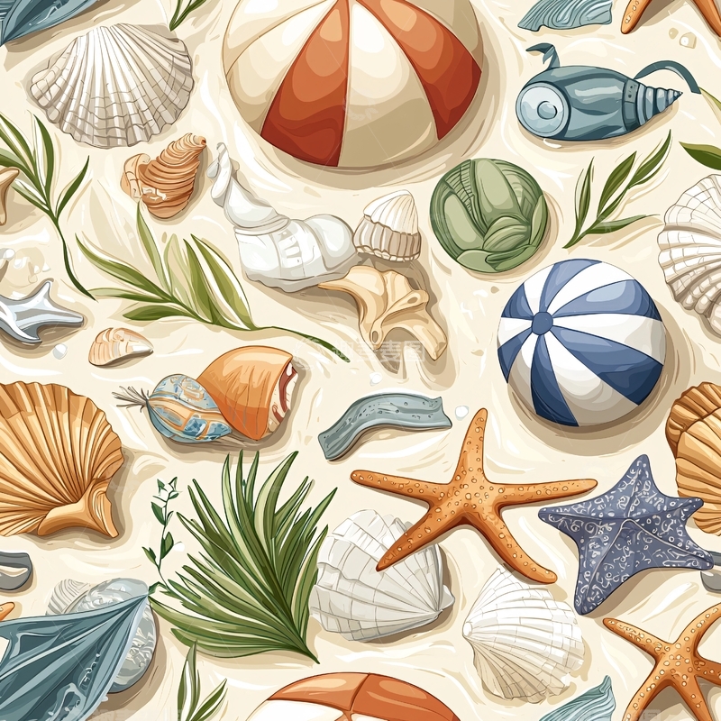 高清大图下载【趣麦麦图】海滩上的贝壳和海星图案